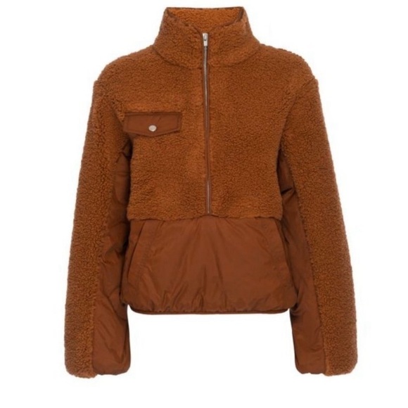 Frame Denim brown Sherpa fleece mix cropped zippered pullover jacket Sz M - Picture 4 of 8